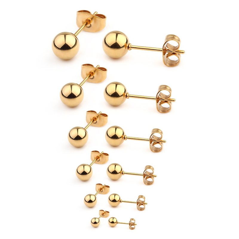 Ruifan 20G Stainless Steel Ball Stud Earrings for Men Women Round 3-8mm 6Pairs - Gold - Image 1